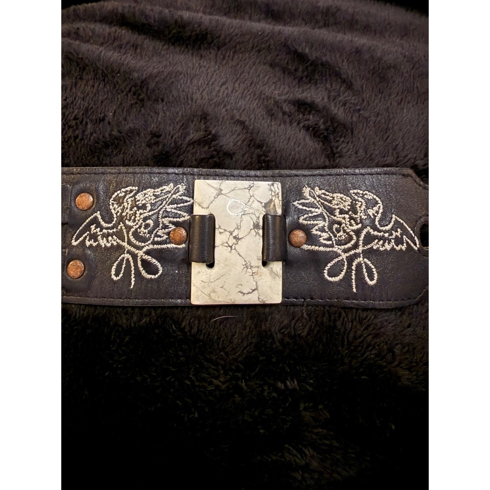 Leather Rock Bands Black Leather Cuff Bracelet White Stone Eagle Embroidery